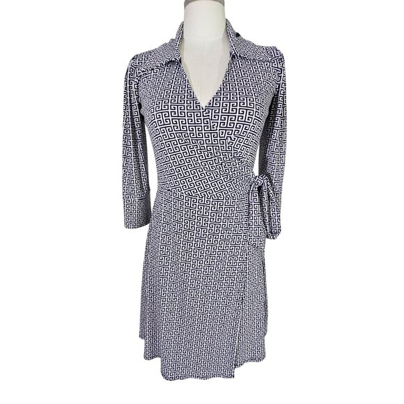 Laundry By Shelli Segal XS Geometric Wrap Dress Navy White 3/4 Sleeve - Picture 1 of 8